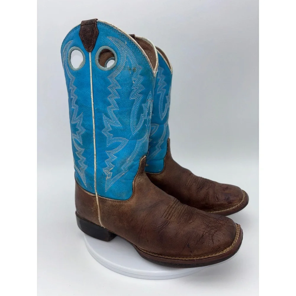 JUSTIN Kids Cowboy Boot Western Little Boy Youth 2 Brown Blue Leather Square Toe